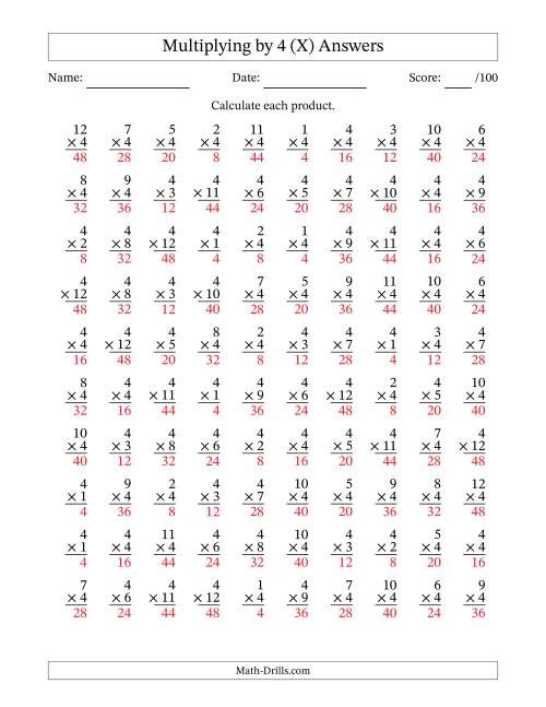 The Multiplying (1 to 12) by 4 (100 Questions) (X) Math Worksheet Page 2