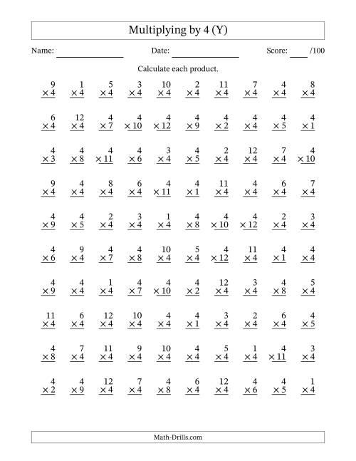 The Multiplying (1 to 12) by 4 (100 Questions) (Y) Math Worksheet