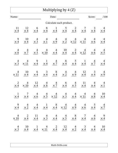 The Multiplying (1 to 12) by 4 (100 Questions) (Z) Math Worksheet