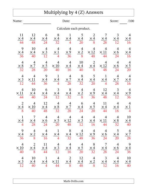 The Multiplying (1 to 12) by 4 (100 Questions) (Z) Math Worksheet Page 2