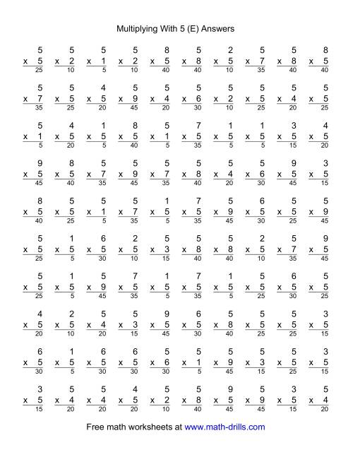 The 100 Vertical Questions -- Multiplication Facts -- 5 by 1-9 (E) Math Worksheet Page 2