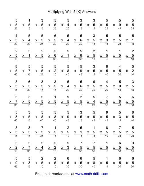 The 100 Vertical Questions -- Multiplication Facts -- 5 by 1-9 (K) Math Worksheet Page 2