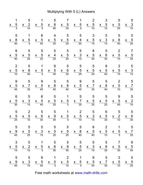 The 100 Vertical Questions -- Multiplication Facts -- 5 by 1-9 (L) Math Worksheet Page 2