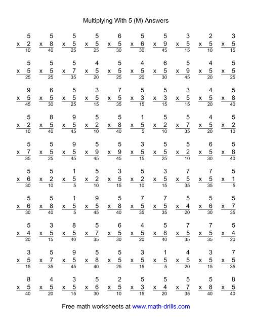 The 100 Vertical Questions -- Multiplication Facts -- 5 by 1-9 (M) Math Worksheet Page 2