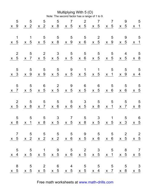 The 100 Vertical Questions -- Multiplication Facts -- 5 by 1-9 (O) Math Worksheet