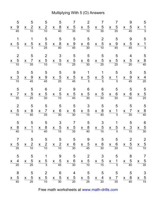 The 100 Vertical Questions -- Multiplication Facts -- 5 by 1-9 (O) Math Worksheet Page 2
