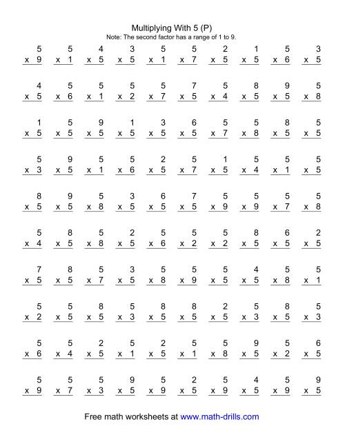 The 100 Vertical Questions -- Multiplication Facts -- 5 by 1-9 (P) Math Worksheet