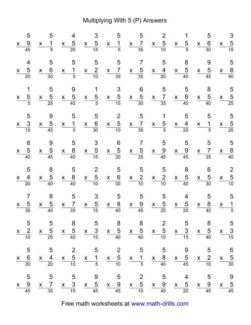 The 100 Vertical Questions -- Multiplication Facts -- 5 by 1-9 (P) Math Worksheet Page 2