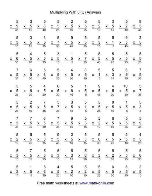 The 100 Vertical Questions -- Multiplication Facts -- 5 by 1-9 (U) Math Worksheet Page 2