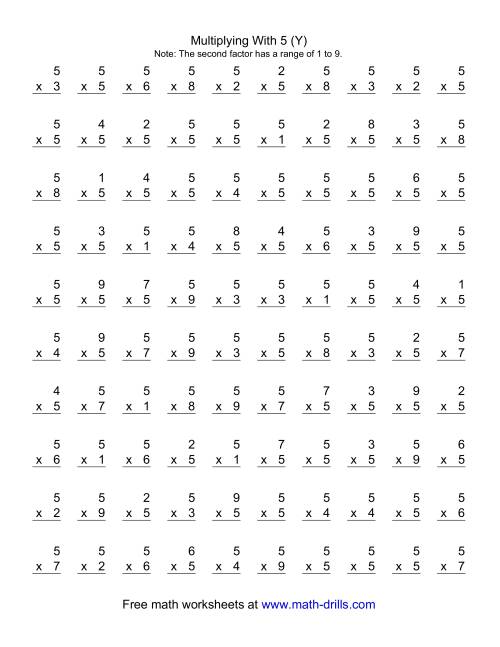 The 100 Vertical Questions -- Multiplication Facts -- 5 by 1-9 (Y) Math Worksheet