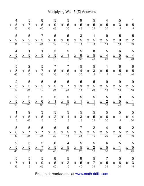 The 100 Vertical Questions -- Multiplication Facts -- 5 by 1-9 (Z) Math Worksheet Page 2