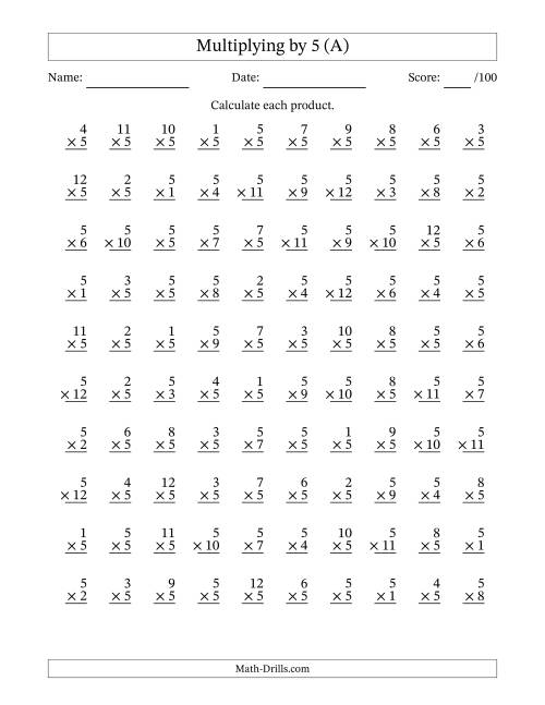 multiplying 1 to 12 by 5 100 questions a