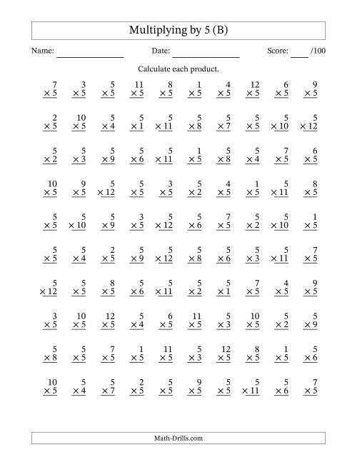 The Multiplying (1 to 12) by 5 (100 Questions) (B) Math Worksheet