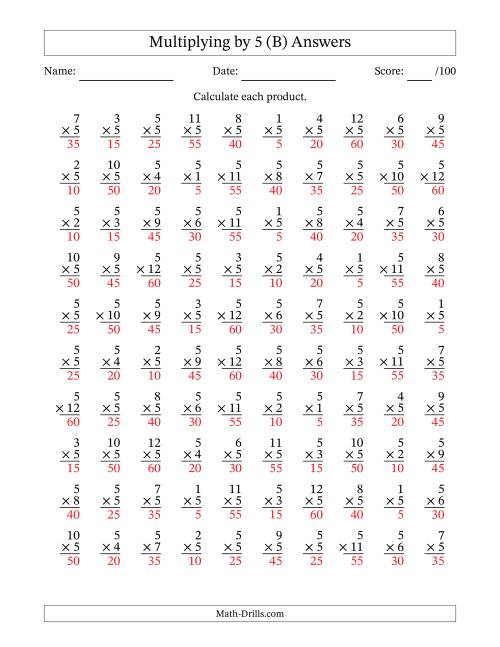 The Multiplying (1 to 12) by 5 (100 Questions) (B) Math Worksheet Page 2