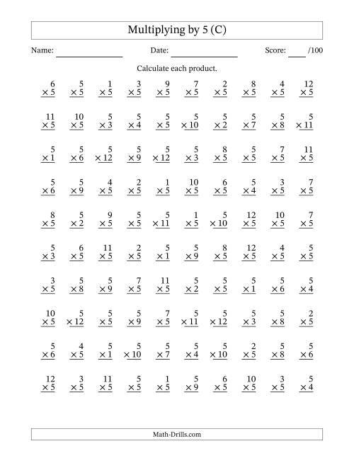 The Multiplying (1 to 12) by 5 (100 Questions) (C) Math Worksheet