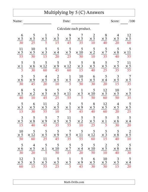 The Multiplying (1 to 12) by 5 (100 Questions) (C) Math Worksheet Page 2