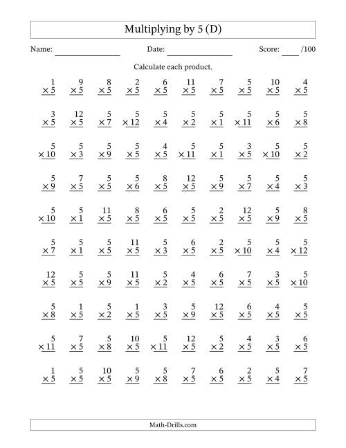 The Multiplying (1 to 12) by 5 (100 Questions) (D) Math Worksheet