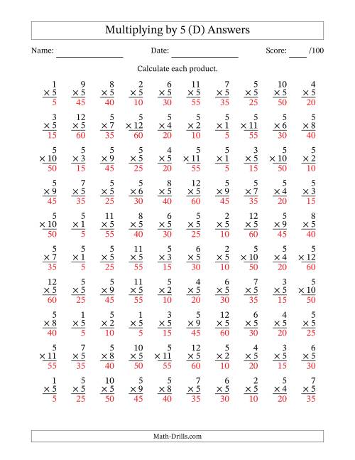 The Multiplying (1 to 12) by 5 (100 Questions) (D) Math Worksheet Page 2