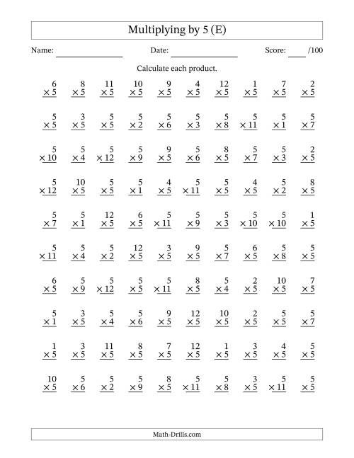 The Multiplying (1 to 12) by 5 (100 Questions) (E) Math Worksheet