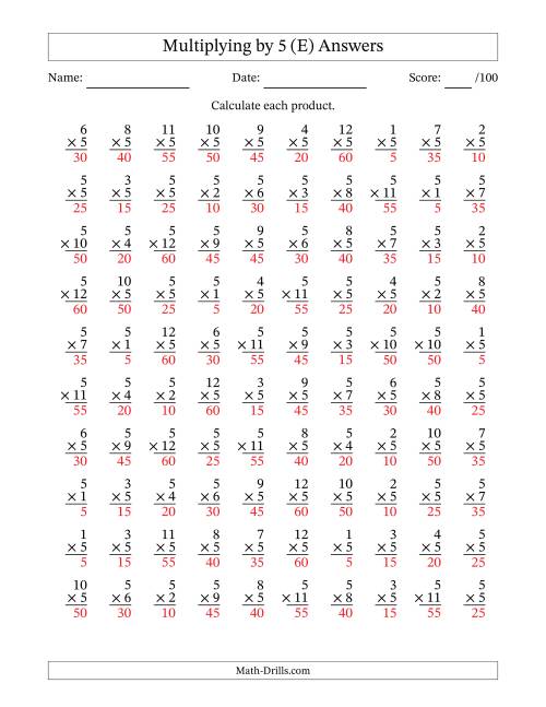 The Multiplying (1 to 12) by 5 (100 Questions) (E) Math Worksheet Page 2