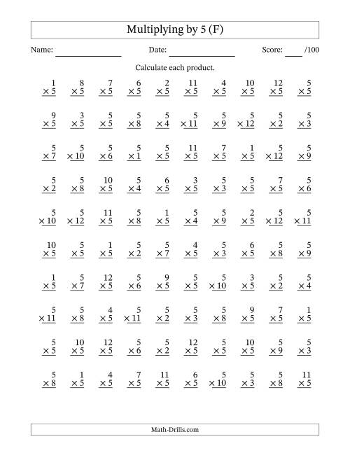 The Multiplying (1 to 12) by 5 (100 Questions) (F) Math Worksheet