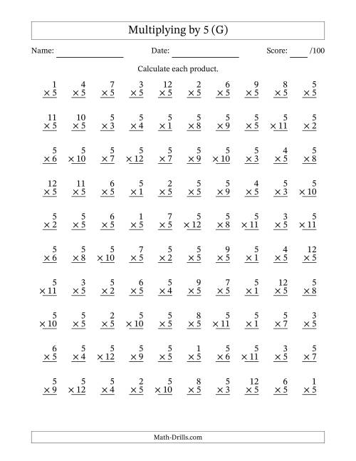 The Multiplying (1 to 12) by 5 (100 Questions) (G) Math Worksheet