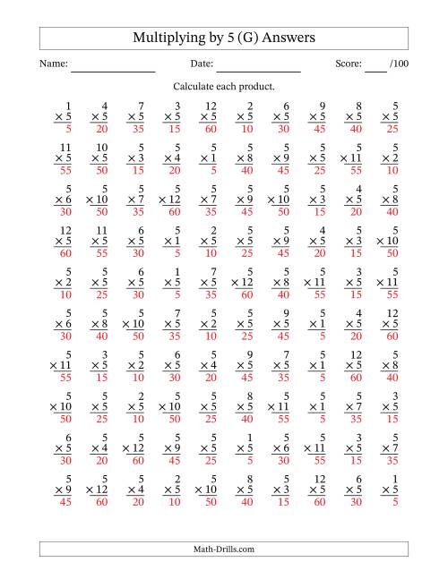 The Multiplying (1 to 12) by 5 (100 Questions) (G) Math Worksheet Page 2