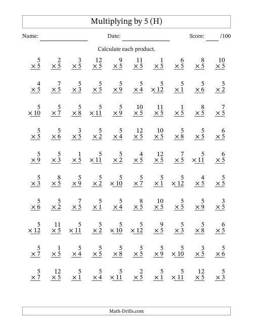 The Multiplying (1 to 12) by 5 (100 Questions) (H) Math Worksheet
