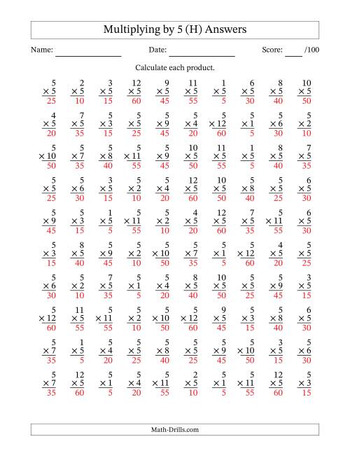 The Multiplying (1 to 12) by 5 (100 Questions) (H) Math Worksheet Page 2