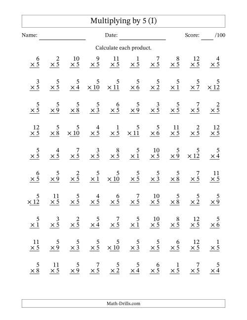 The Multiplying (1 to 12) by 5 (100 Questions) (I) Math Worksheet