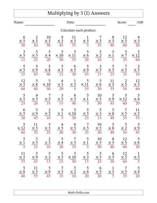 The Multiplying (1 to 12) by 5 (100 Questions) (I) Math Worksheet Page 2