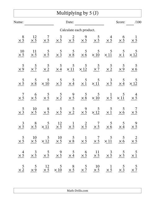 The Multiplying (1 to 12) by 5 (100 Questions) (J) Math Worksheet