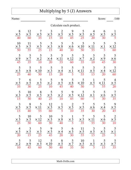 The Multiplying (1 to 12) by 5 (100 Questions) (J) Math Worksheet Page 2