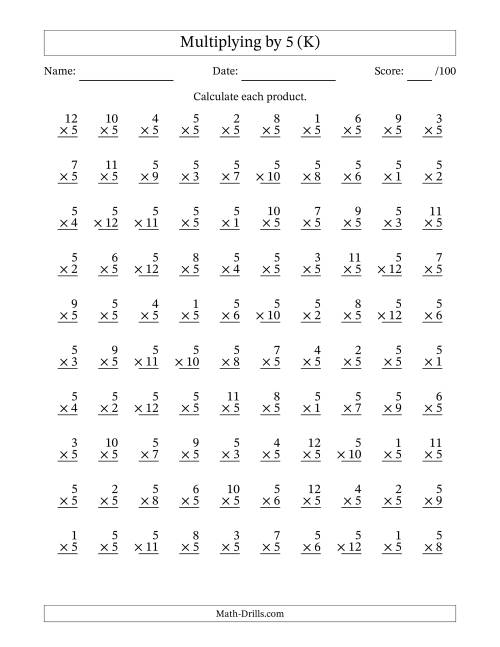 The Multiplying (1 to 12) by 5 (100 Questions) (K) Math Worksheet