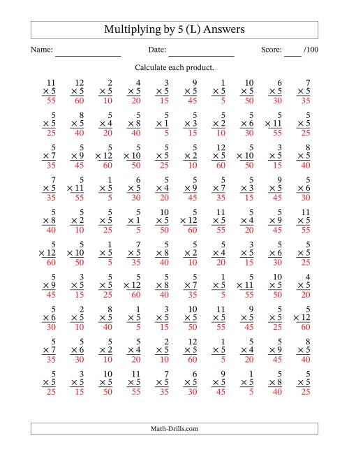 The Multiplying (1 to 12) by 5 (100 Questions) (L) Math Worksheet Page 2