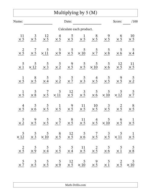The Multiplying (1 to 12) by 5 (100 Questions) (M) Math Worksheet