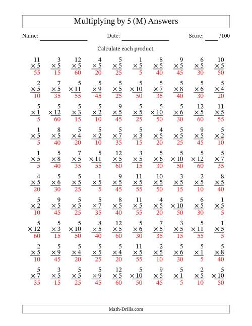 The Multiplying (1 to 12) by 5 (100 Questions) (M) Math Worksheet Page 2
