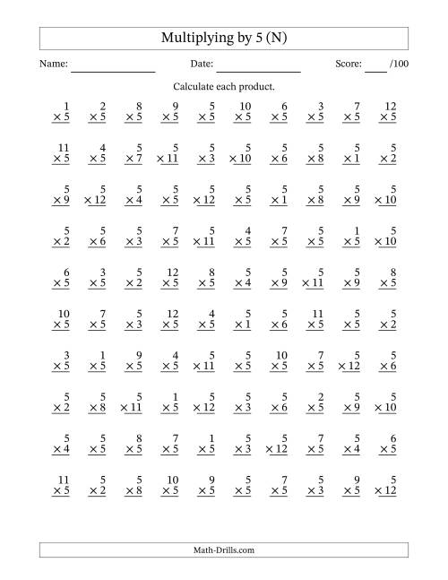 The Multiplying (1 to 12) by 5 (100 Questions) (N) Math Worksheet