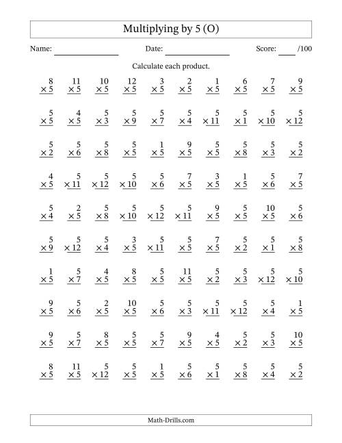 The Multiplying (1 to 12) by 5 (100 Questions) (O) Math Worksheet
