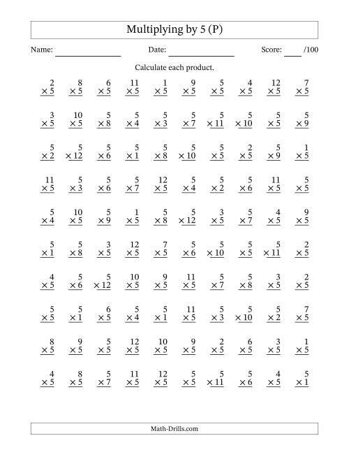 The Multiplying (1 to 12) by 5 (100 Questions) (P) Math Worksheet