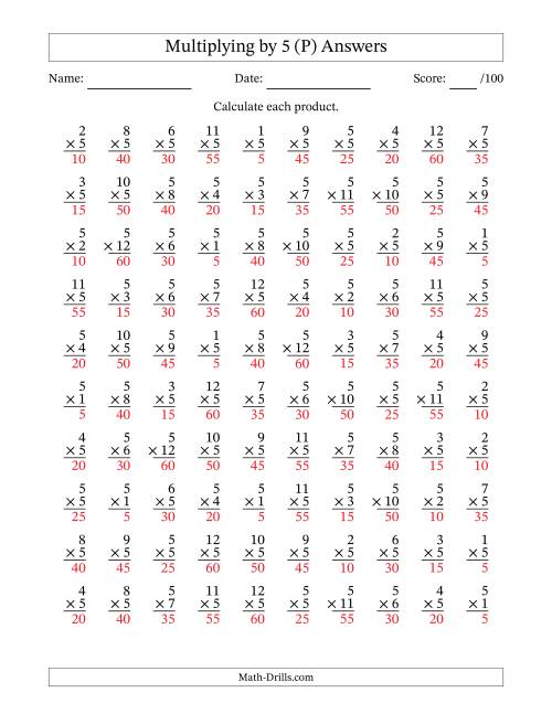 The Multiplying (1 to 12) by 5 (100 Questions) (P) Math Worksheet Page 2