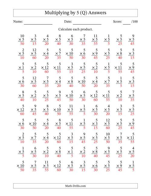 The Multiplying (1 to 12) by 5 (100 Questions) (Q) Math Worksheet Page 2