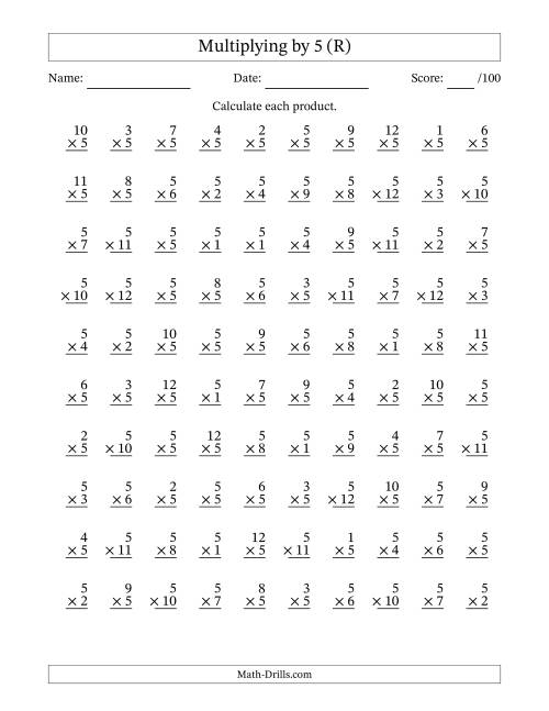 The Multiplying (1 to 12) by 5 (100 Questions) (R) Math Worksheet