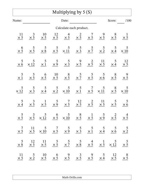 The Multiplying (1 to 12) by 5 (100 Questions) (S) Math Worksheet