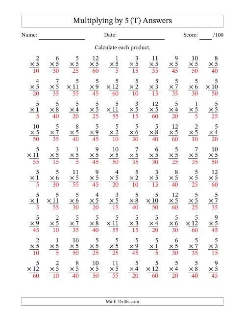 The Multiplying (1 to 12) by 5 (100 Questions) (T) Math Worksheet Page 2