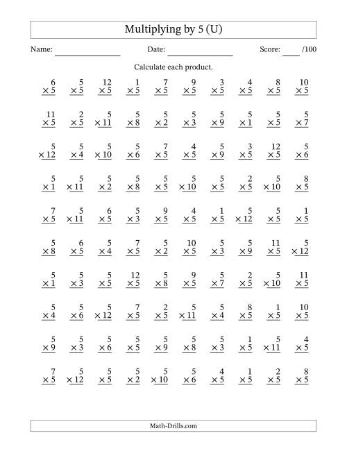 The Multiplying (1 to 12) by 5 (100 Questions) (U) Math Worksheet
