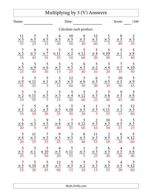 The Multiplying (1 to 12) by 5 (100 Questions) (V) Math Worksheet Page 2