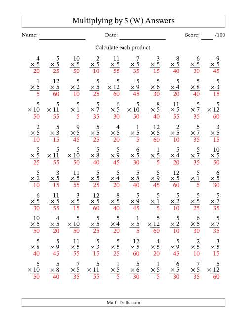 The Multiplying (1 to 12) by 5 (100 Questions) (W) Math Worksheet Page 2