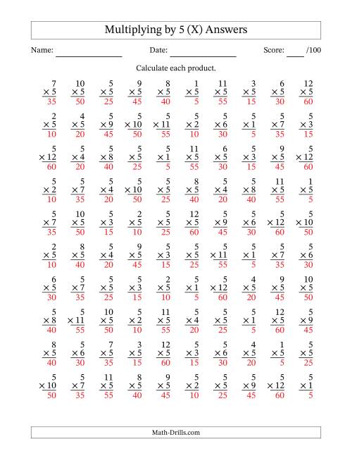 The Multiplying (1 to 12) by 5 (100 Questions) (X) Math Worksheet Page 2