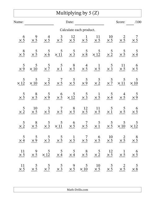 The Multiplying (1 to 12) by 5 (100 Questions) (Z) Math Worksheet